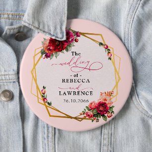 Bóton Redondo 15.24cm Casamento vermelho-quic, floral e dourado falso