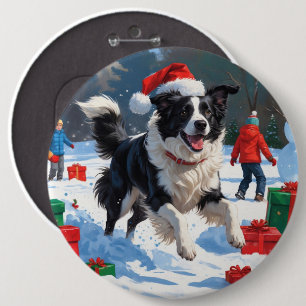 Bóton Redondo 15.24cm Cena de Natal com Border Collie na Neve