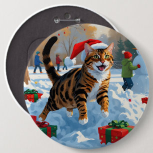 Bóton Redondo 15.24cm Cena de neve festiva de Natal com gato Bengal