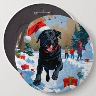 Bóton Redondo 15.24cm Cena de neve festiva de Natal com Labrador Preto