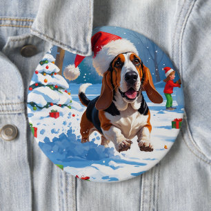 Bóton Redondo 15.24cm Cena de neve festiva de Natal do Basset Hound