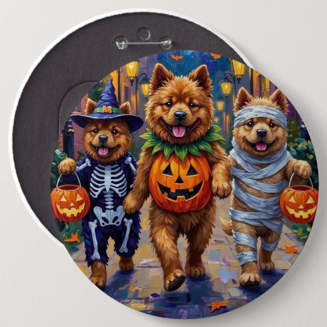 Bóton Redondo 15.24cm Chow Chow Dogs Trick-or-Tratating Halloween (Frente & Verso)