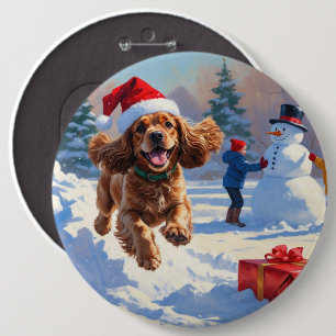 Bóton Redondo 15.24cm Cocker Spaniel Correndo na Neve com Chapéu de Nata