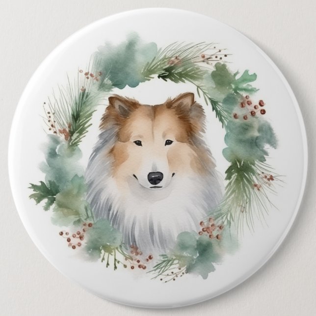 Bóton Redondo 15.24cm Collie Christmas Wreath Festivo Pup (Frente)