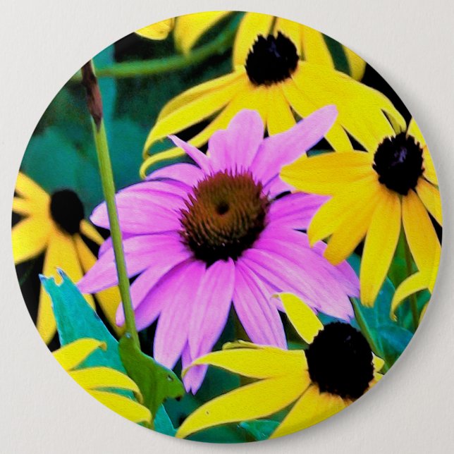Bóton Redondo 15.24cm Coneflower Rosa e Roxo com Flores Amarelas (Frente)