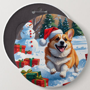 Bóton Redondo 15.24cm Corgi Correndo na Neve com Chapéu de Natal