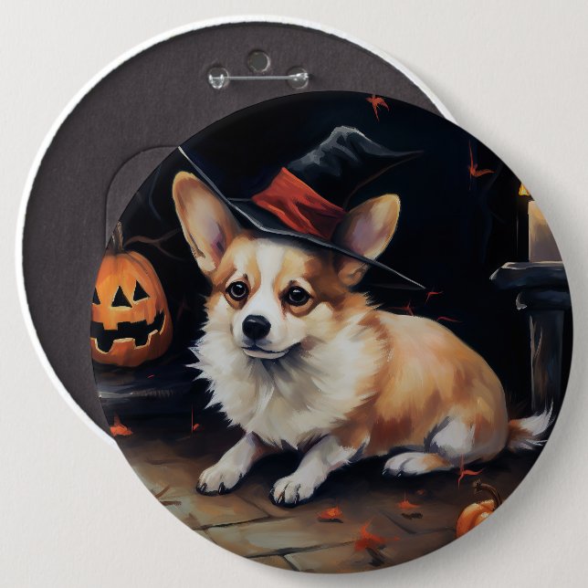 Bóton Redondo 15.24cm Corgi Pumpkins Halloween Scary (Frente & Verso)