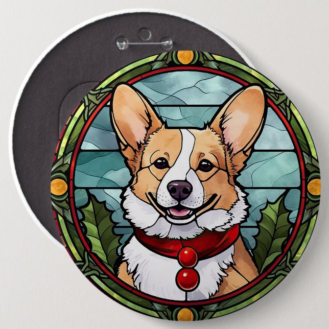 Bóton Redondo 15.24cm Corgi StainGlass Christmas (Frente & Verso)