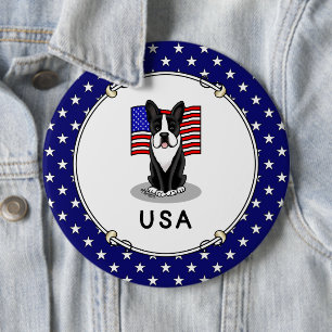 Bóton Redondo 15.24cm Cute USA American Flag Boston Terrier Dog (preto)