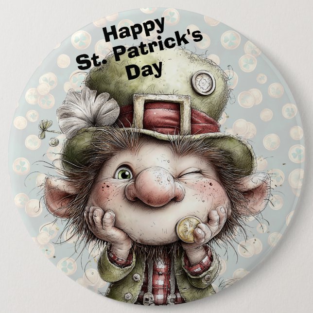 Bóton Redondo 15.24cm Cute Winking Leprechaun  (Frente)