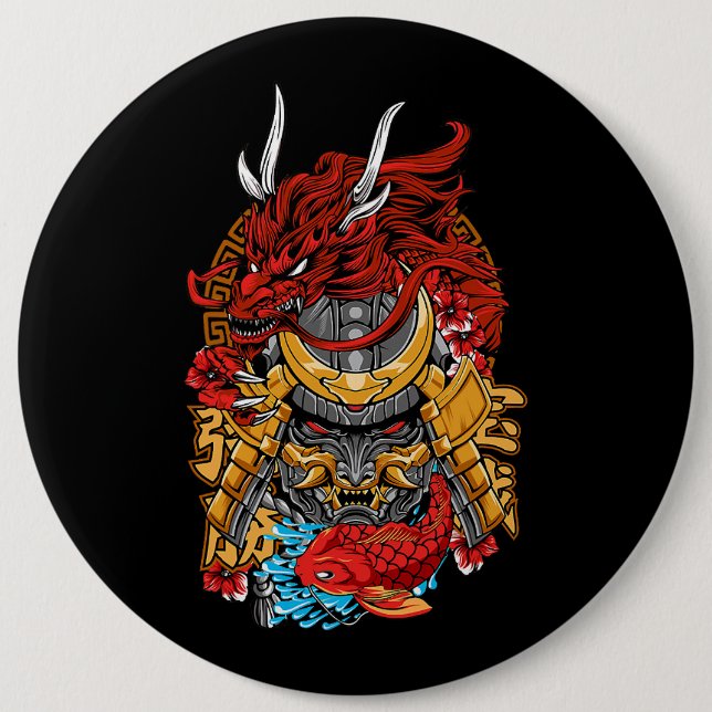 Bóton Redondo 15.24cm Cyberpunk Samurai Koi Fish Aesthet, dragão japonês (Frente)