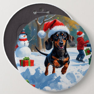Bóton Redondo 15.24cm Dachshund Correndo em Neve com Chapéu de Natal