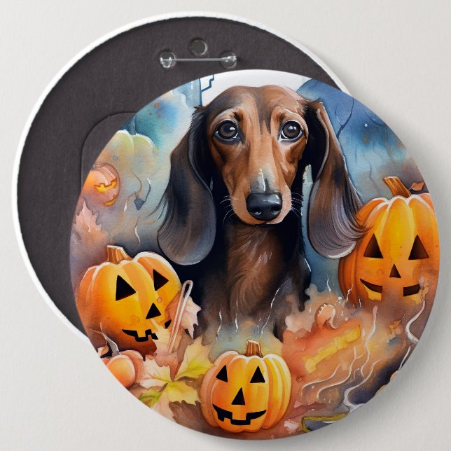 Bóton Redondo 15.24cm Dachshund Halloween com Abóboras Assustador (Frente & Verso)