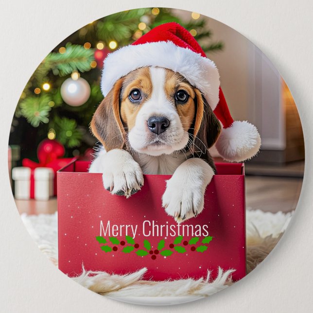 Bóton Redondo 15.24cm Design de Natal de Filhote de Beagle, (Frente)