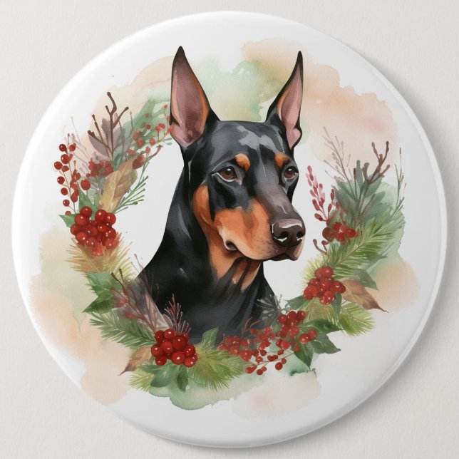 Bóton Redondo 15.24cm Doberman Christmas Wreath Festivo Pup (Frente)