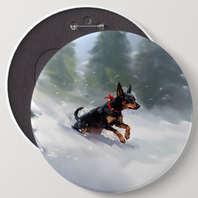 Bóton Redondo 15.24cm Doberman Pinscher Inverno de Natal (Frente & Verso)