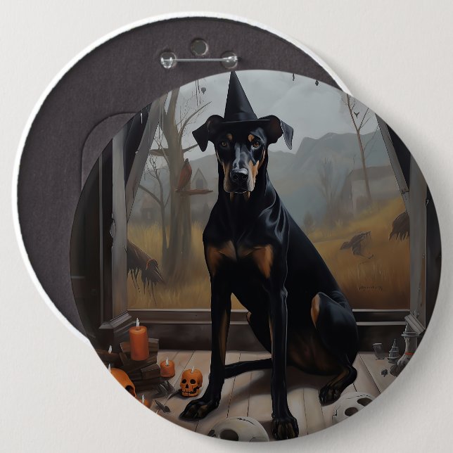 Bóton Redondo 15.24cm Doberman Pumpkins Halloween Scary (Frente & Verso)