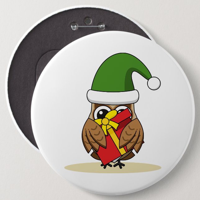 Bóton Redondo 15.24cm Elf Owl de Natal com Presente (Frente & Verso)