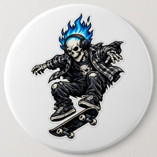 Bóton Redondo 15.24cm Esqueleto de Skater com Adesivo de Cabelo de Chama