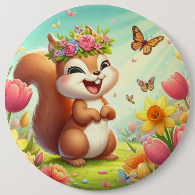Bóton Redondo 15.24cm Esquilo de primavera feliz e bonito (Frente)