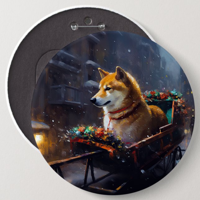Bóton Redondo 15.24cm Estação Festiva de Natal Shiba Inu (Frente & Verso)