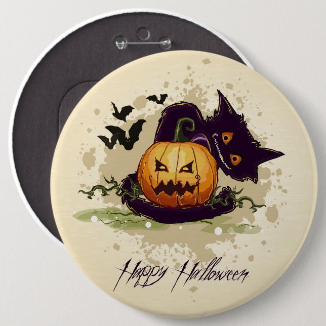 Bóton Redondo 15.24cm Feliz Halloween Black Cat e Jack Button (Frente & Verso)