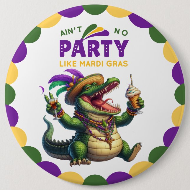 Bóton Redondo 15.24cm Feliz Mardi Gras Alligator (Frente)