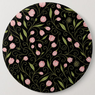 Bóton Redondo 15.24cm Flor rosa e branca a preto com padrão repetitivo