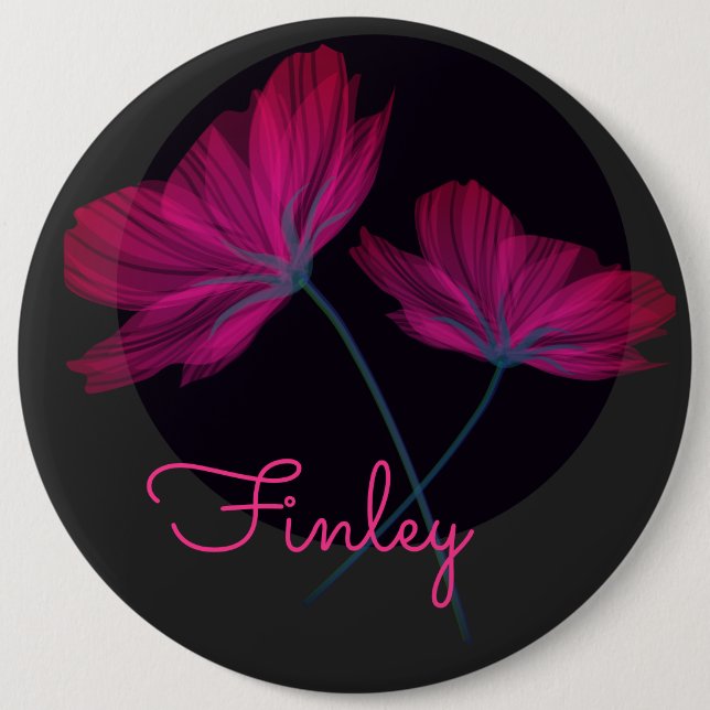 Bóton Redondo 15.24cm Flores Negras e Rosa Modernas Femininas Elegantes (Frente)