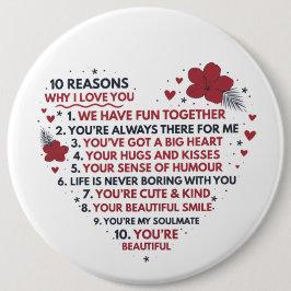 Bóton Redondo 15.24cm fofo romântico dez razões te amam palavra Namorado