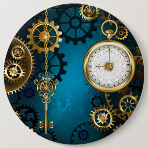 Bóton Redondo 15.24cm Fundo de turquesa Steampun com engrenagens
