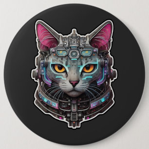Bóton Redondo 15.24cm Gatinho curioso em um capacete cibernético