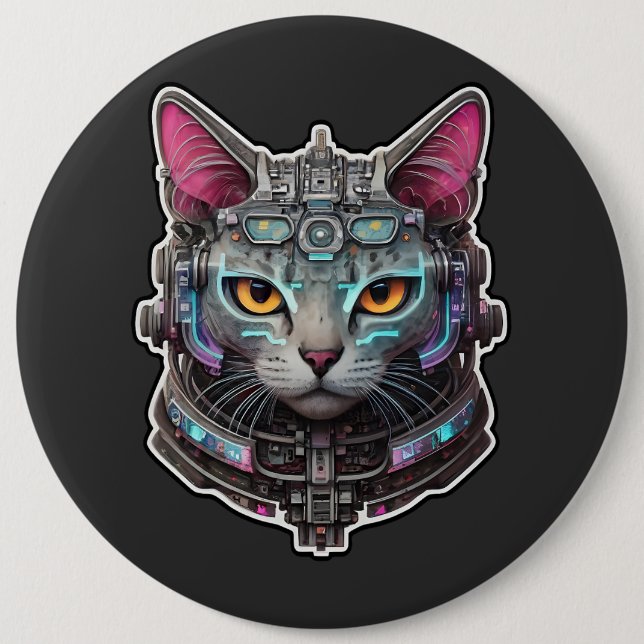 Bóton Redondo 15.24cm Gatinho curioso em um capacete cibernético (Frente)