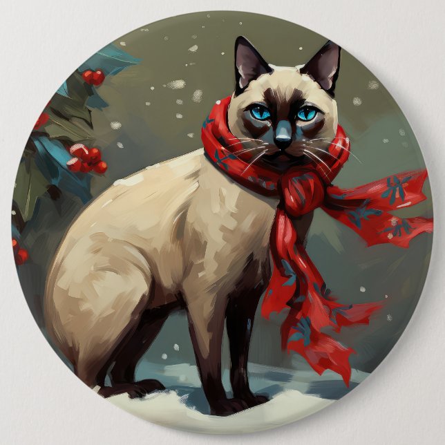 Bóton Redondo 15.24cm Gato Siames no Natal com Neve (Frente)
