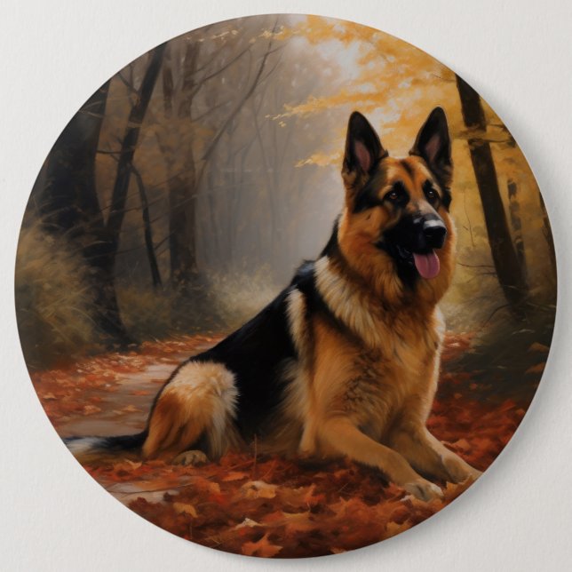 Bóton Redondo 15.24cm German shepherd no outono Folhas caem inspiração (Frente)