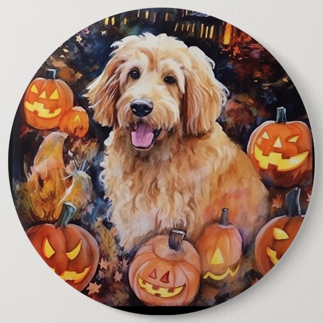 Bóton Redondo 15.24cm Goldendoodle do Halloween Com Pumpkins Assustado (Frente)