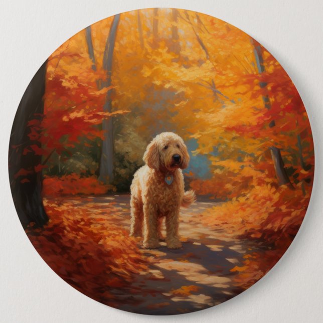 Bóton Redondo 15.24cm Goldendoodle no outono deixa cair inspiração (Frente)