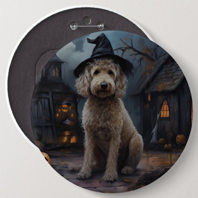 Bóton Redondo 15.24cm Goldendoodle Pumpkins Halloween Assustado (Frente & Verso)