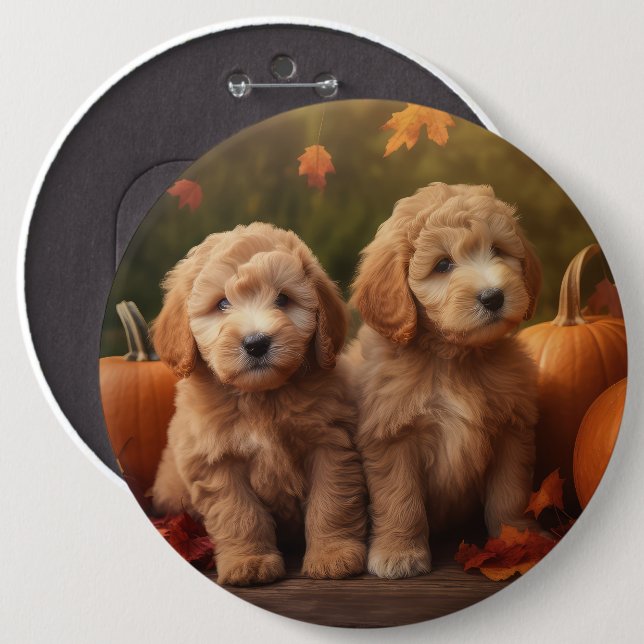Bóton Redondo 15.24cm Goldendoodle Puppy Autumn Delight Pumpkin (Frente & Verso)