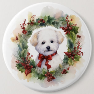 Bóton Redondo 15.24cm Grinalda de Natal Bichon Frise Cachorrinho Festivo