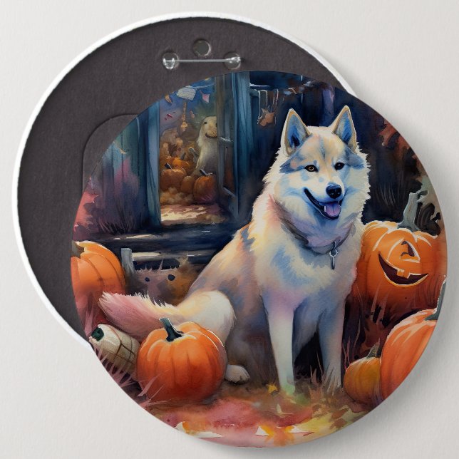 Bóton Redondo 15.24cm Halloween Alaskan Malamute Com Pumpkins Assustado (Frente & Verso)