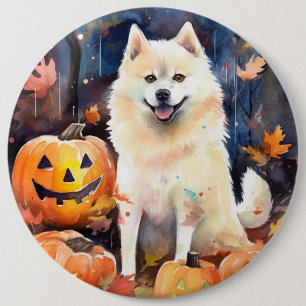Bóton Redondo 15.24cm Halloween American Akita Com Pumpkins Assustado