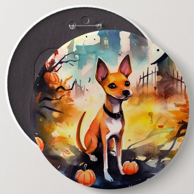 Bóton Redondo 15.24cm Halloween Basenji Com Pumpkins Assustado (Frente & Verso)