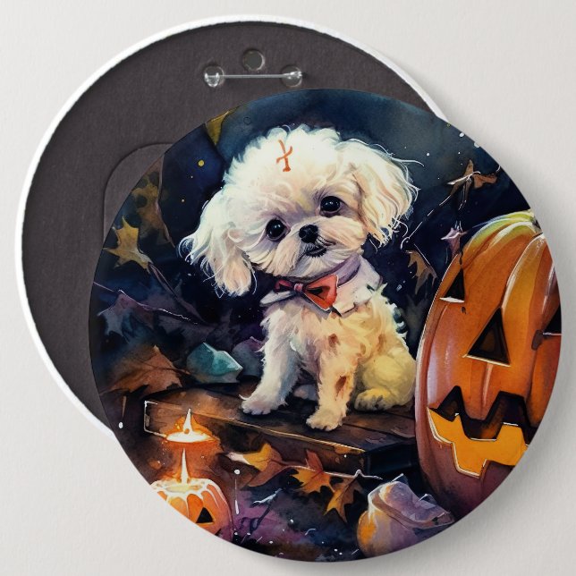 Bóton Redondo 15.24cm Halloween Bichon Frise Com Pumpkins Assustado (Frente & Verso)