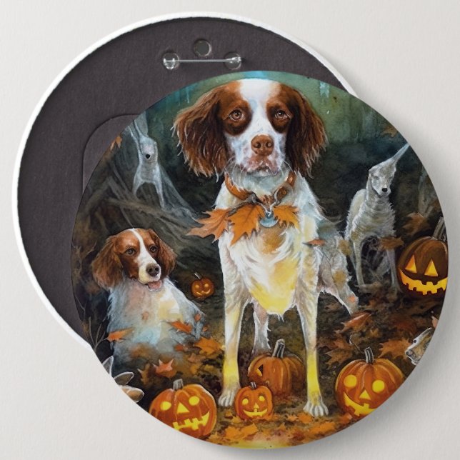 Bóton Redondo 15.24cm Halloween Brittany Spaniel Com Pumpkins Assustado (Frente & Verso)