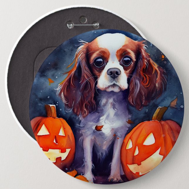 Bóton Redondo 15.24cm Halloween Cavalier King Charles Spaniel Pumpkins (Frente & Verso)