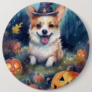 Bóton Redondo 15.24cm Halloween Corgi Com Pumpkins Assustado