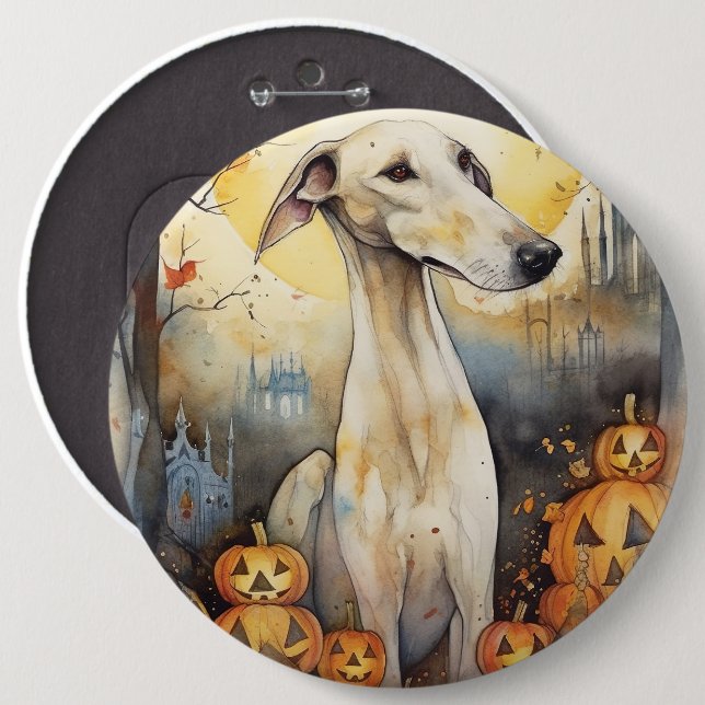 Bóton Redondo 15.24cm Halloween Greyhound Com Pumpkins Assustado (Frente & Verso)