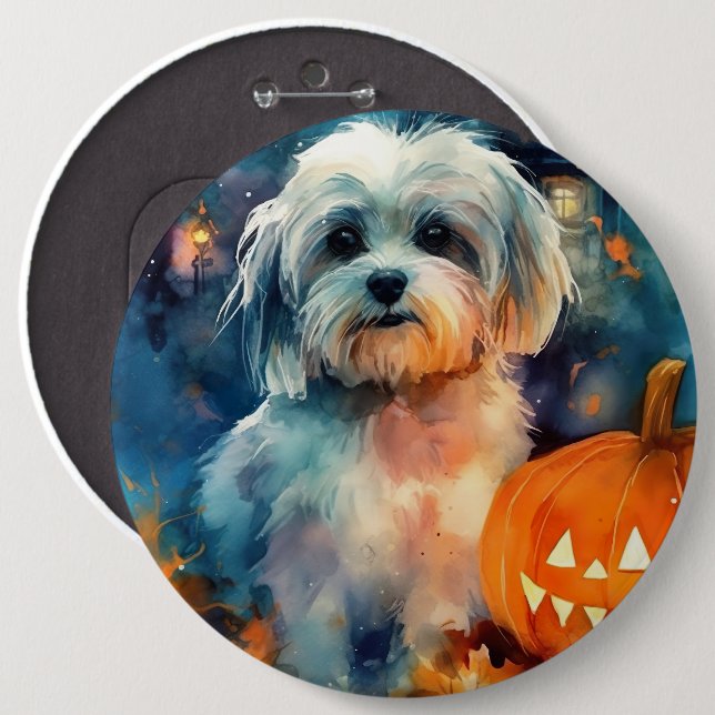 Bóton Redondo 15.24cm Halloween Havanese Com Pumpkins Assustado (Frente & Verso)