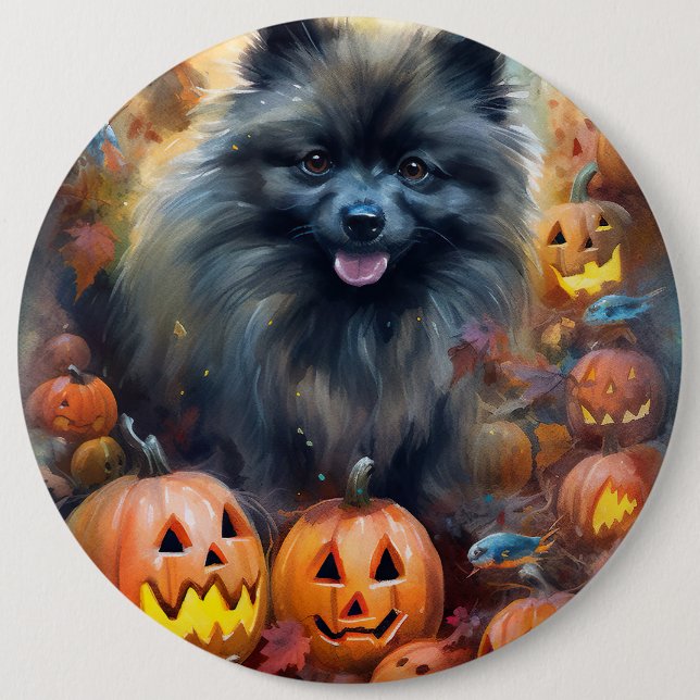 Bóton Redondo 15.24cm Halloween Keeshond Com Pumpkins Assustado (Frente)